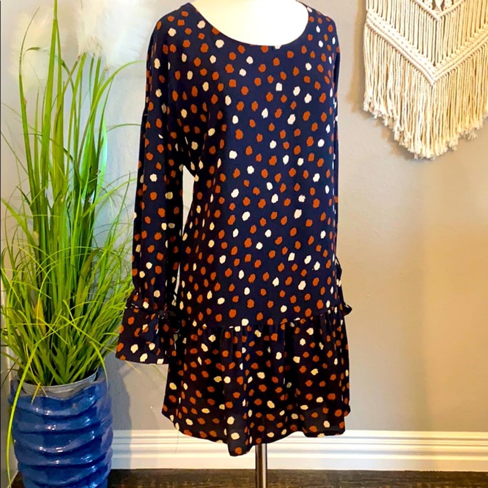 Navy blue dress with rust & cream dots